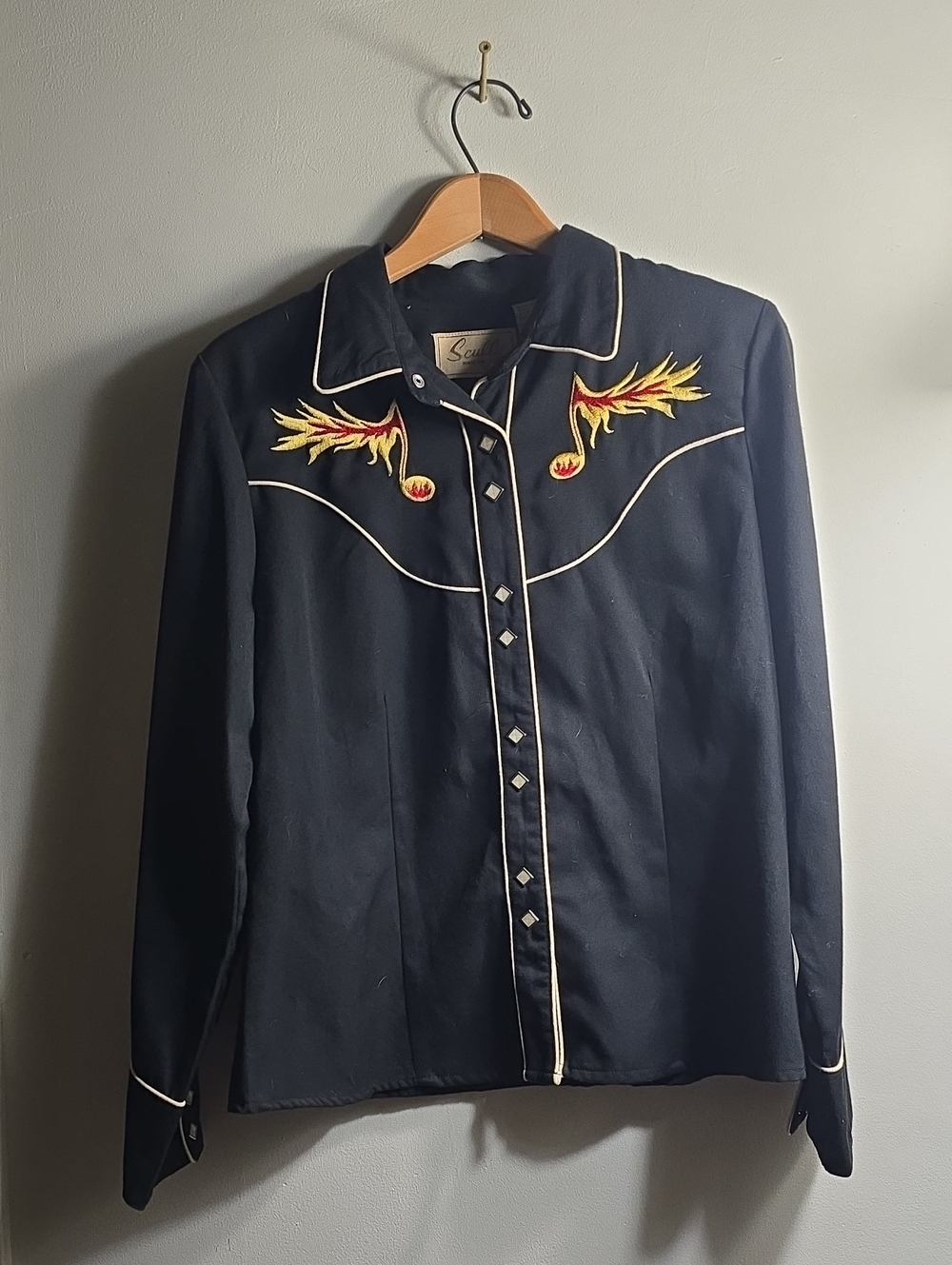 Vintage Scully Black Western  Shirt with Yellow & Red Embroidery Musical Notes